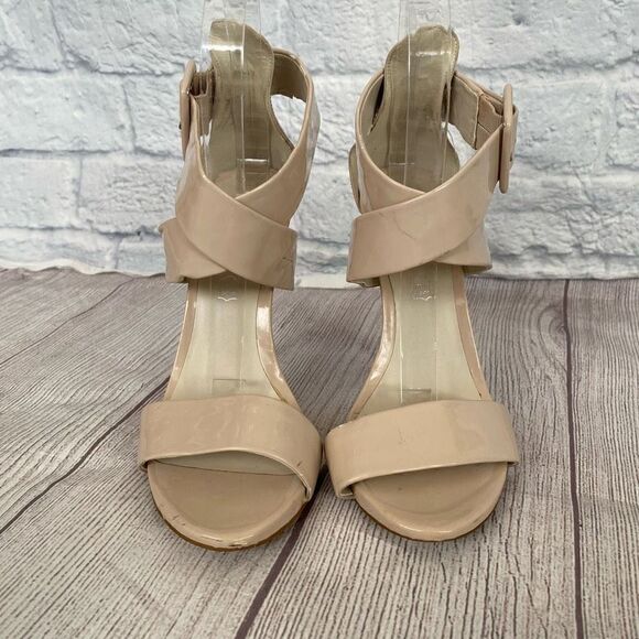Aldo women 6 patent leather open toe wide strap buckle heels beige - Picture 3 of 11